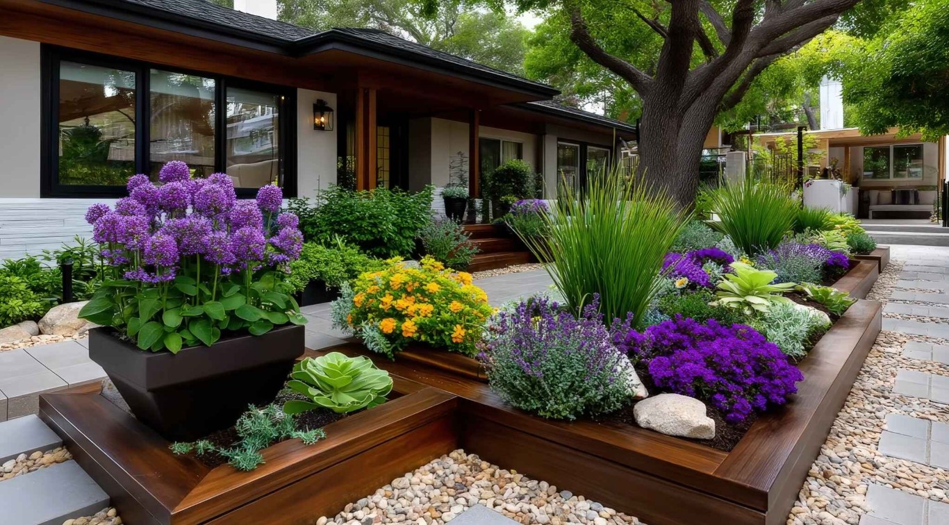 Custom landscape design with colorful flower beds in Glendora